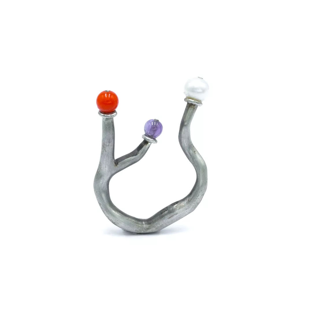 Pendant - Red Coral, Amethyst and White Perle on Silver