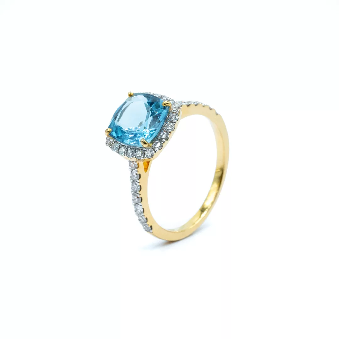 Ring - Yellow Gold With Blue Topaz & Diamonds