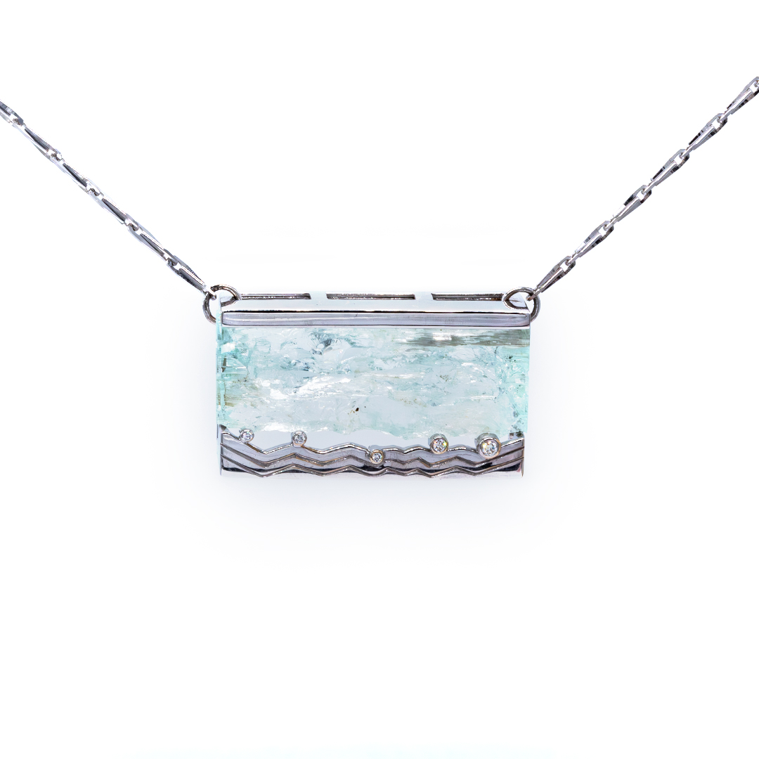 Necklace – White Gold with Aqua Marine & Diamonds