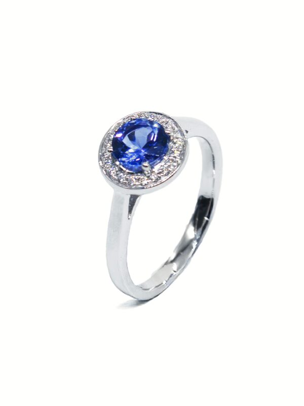 Ring – Radiant Tanzanite Halo in White Gold