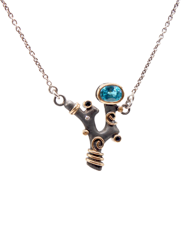 Necklace - Koray with Topaz blue, Yellow and Blue Sapphire on Silver Twisted with Gold