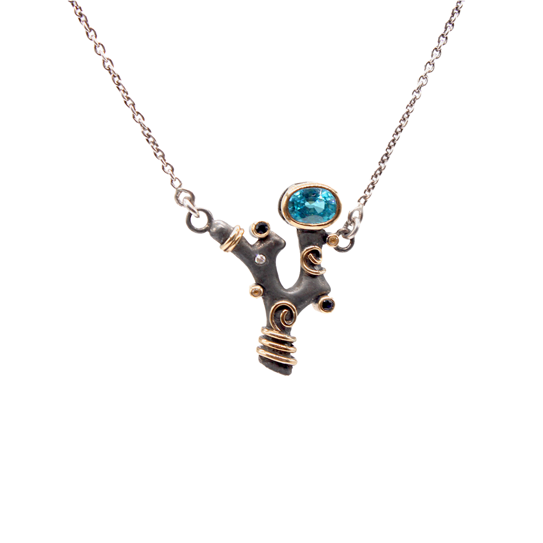 Necklace - Koray with Topaz blue, Yellow and Blue Sapphire on Silver Twisted with Gold