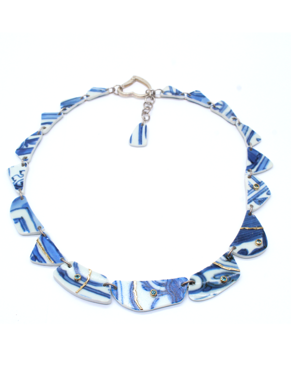 Kintsugi - Necklace Silver and Yellow Gold with Aquamarine - Porcelain