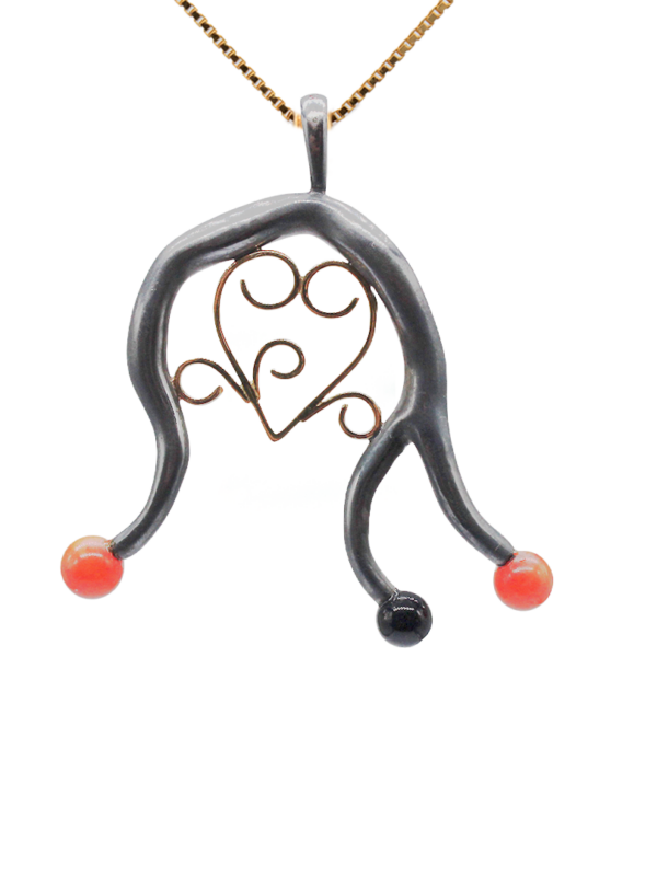 Pendant - Koray with Red Coral and Onyx beads and Golden Heart